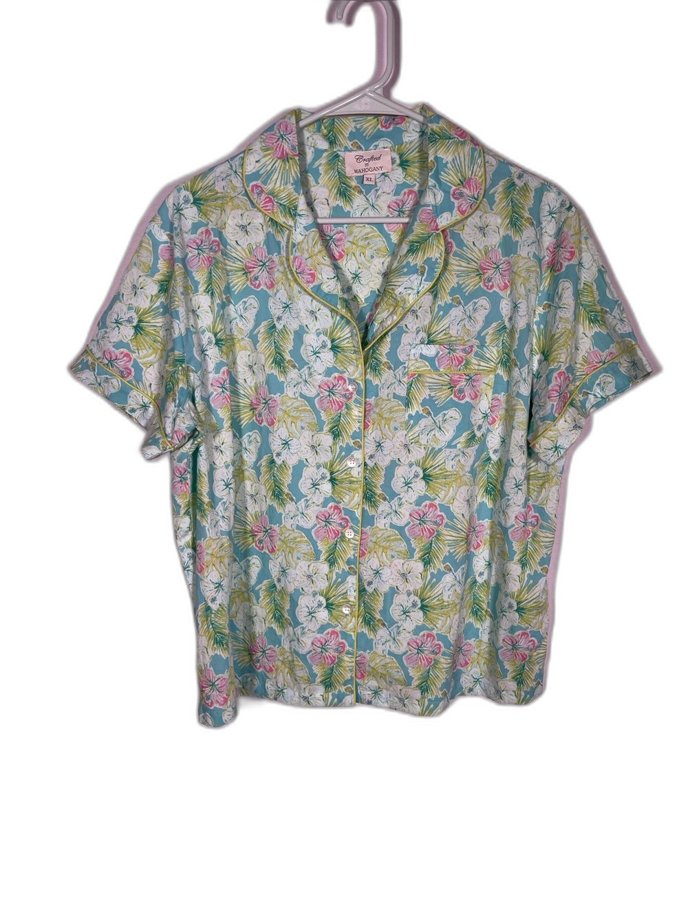 CRAFTED BY MAHOGANY WOMENS PAJAMA SET GREEN HAWAIIAN FLORAL XL COTTON